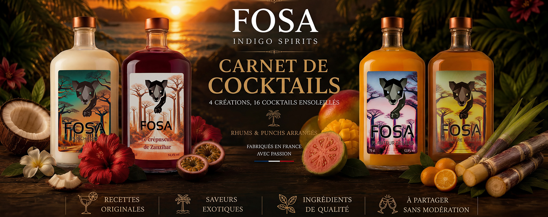 Planche FOSA Indigo Spirits — carnet de cocktails, 4 créations, 16 cocktails ensoleillés