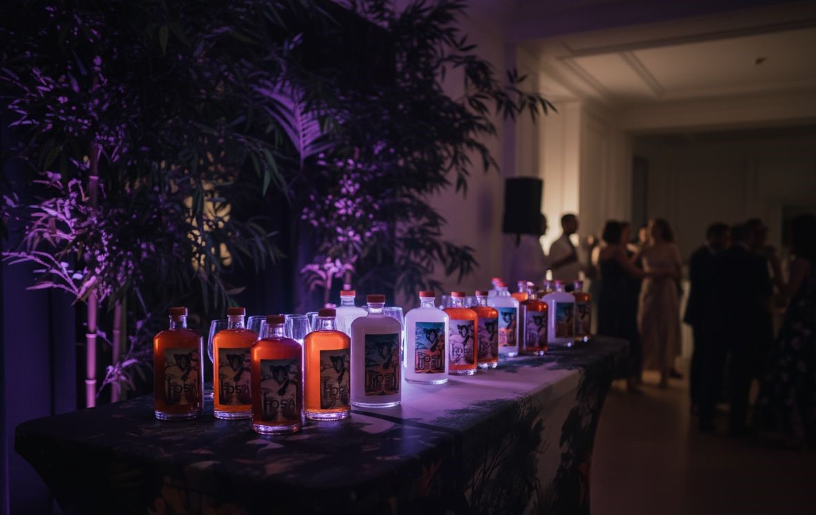 Bar FOSA en soirée — bouteilles éclairées et ambiance festive