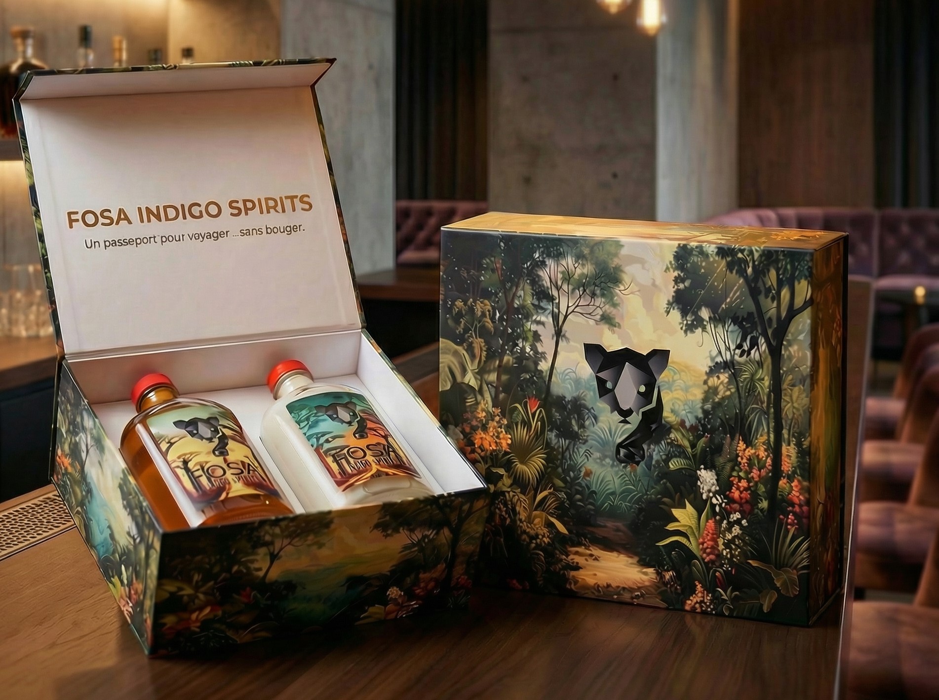 Coffret cadeau FOSA Indigo Spirits — deux bouteilles dans un écrin illustré